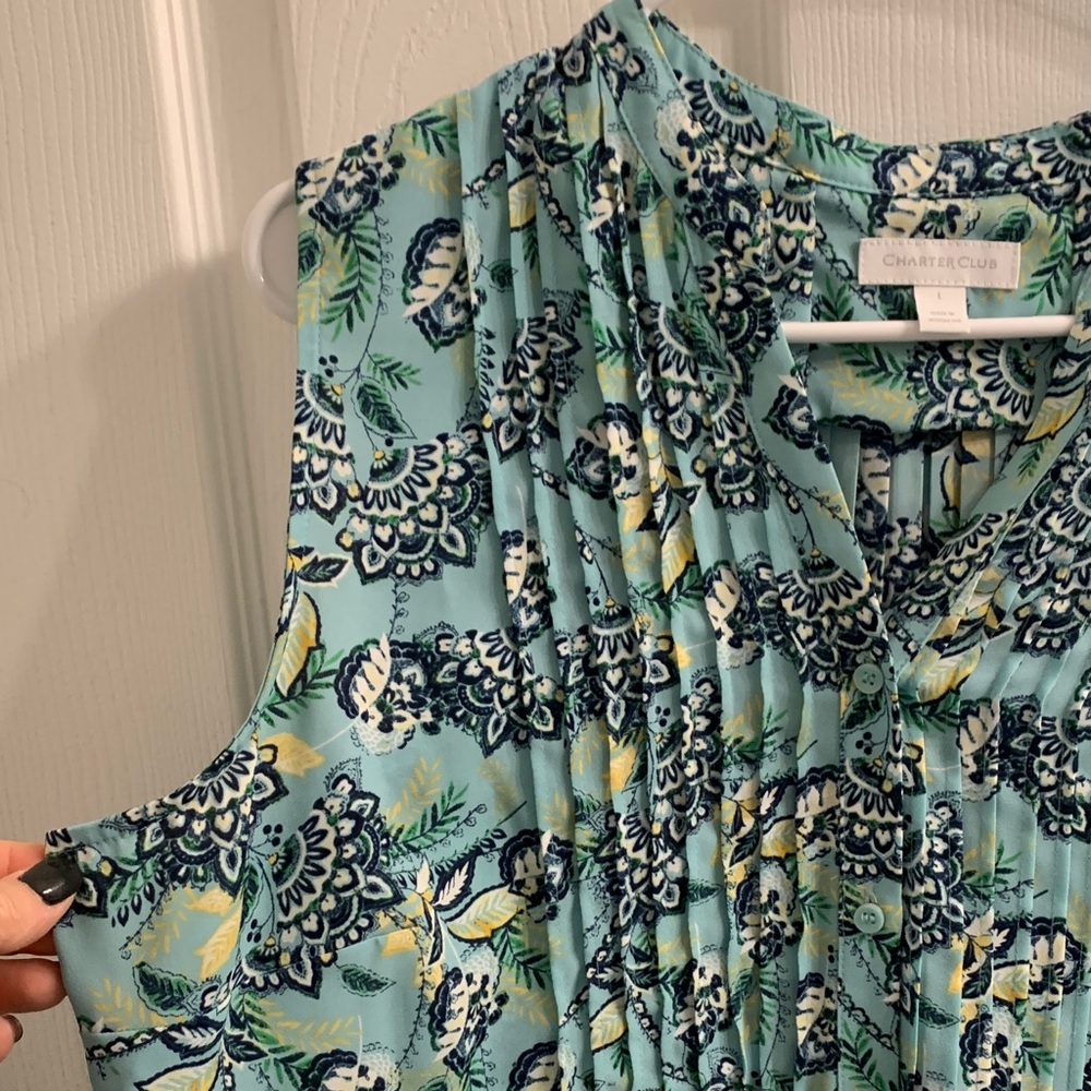 Charter Club Aqua and Navy Floral Sleeveless Blouse